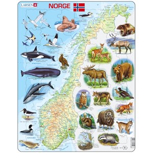 Larsen (K68-NO) - "Physische Karte, Norwegen mit Tieren" - 62 Teile Puzzle