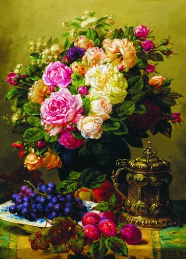Gold Puzzle (60904) - Jean-Baptiste Robie: "Still Life with Roses, Grapes and Plums" - 1000 Teile Puzzle