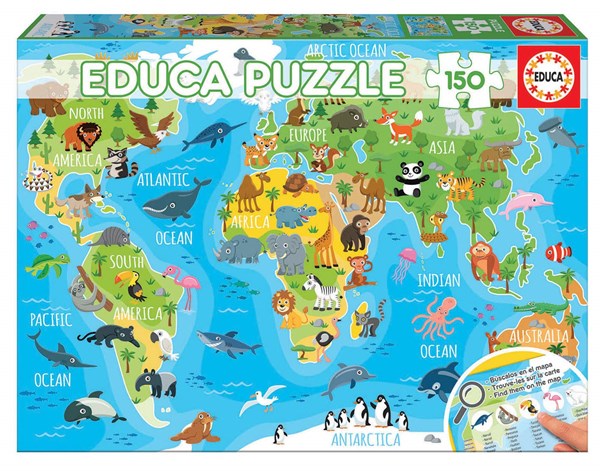 Educa (18115) - "Animals world map" - 150 Teile Puzzle