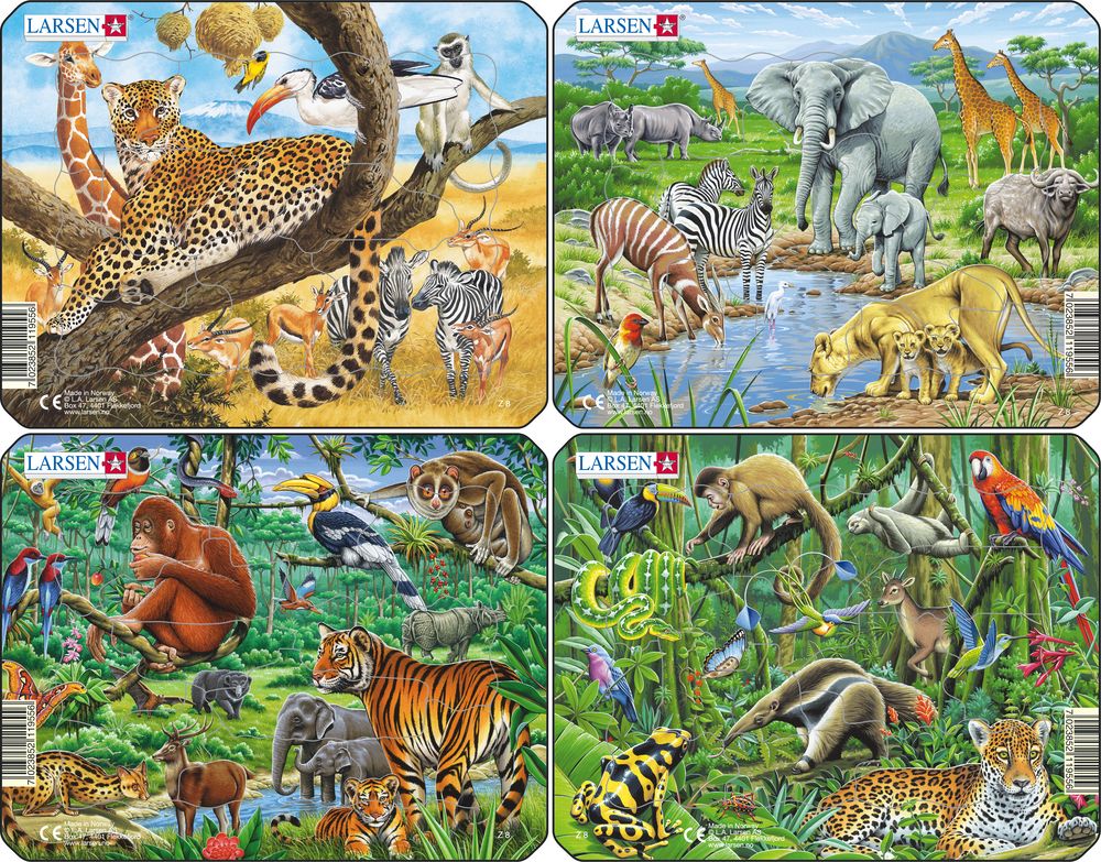 Larsen Z8 Rahmenpuzzle-Set Exotische Tiere 4x11 Teile