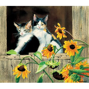 SunsOut (28975) - Susan Bourdet: "Kittens and Sunflowers" - 550 Teile Puzzle